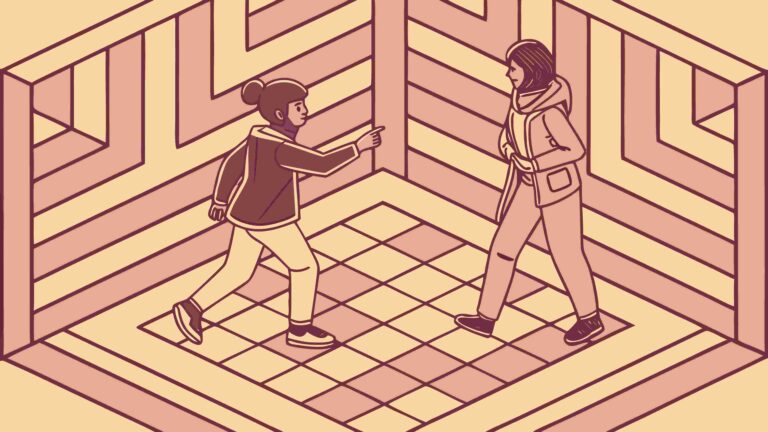 Figures Navigating Abstract Geometric Maze, vector design Generative AI