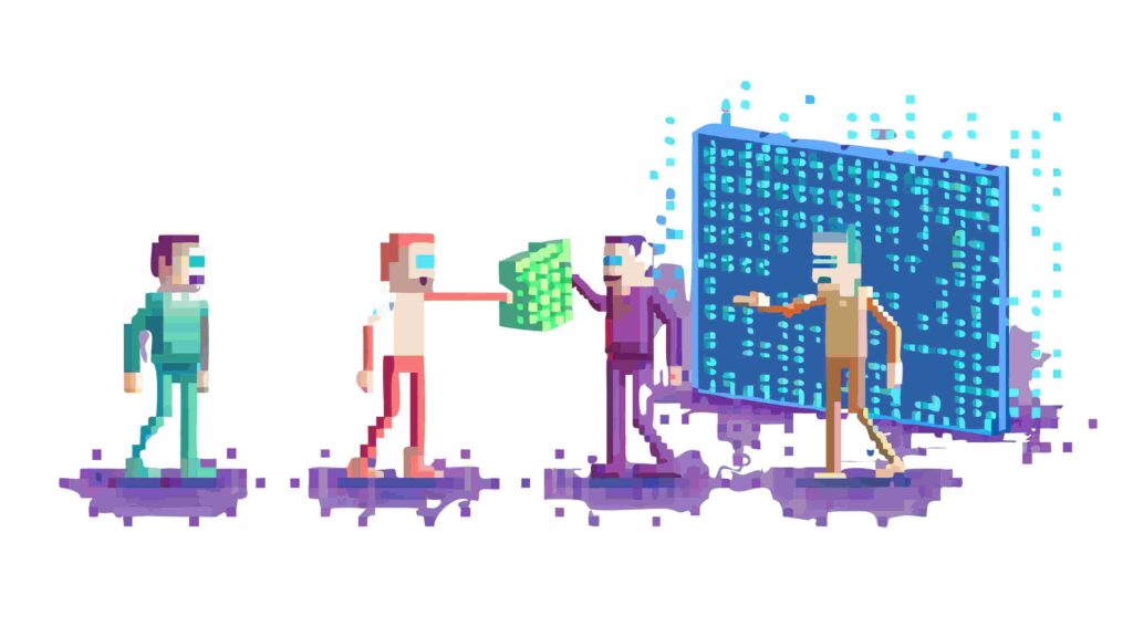 Pixel Art Characters Collaborating on Building Blocks, vector design Generative AI
