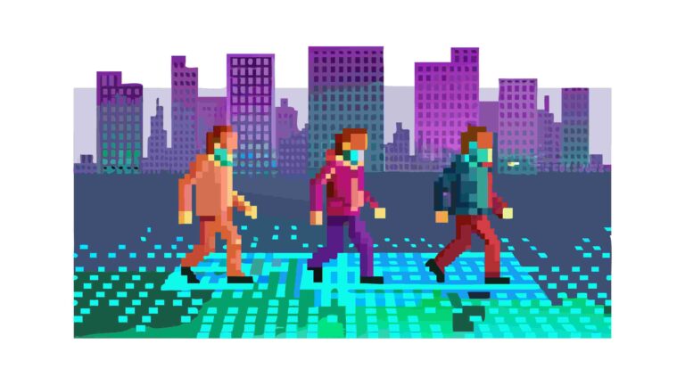 Pixel Art People Walking on Crosswalk Urban Scene, vector design Generative AI