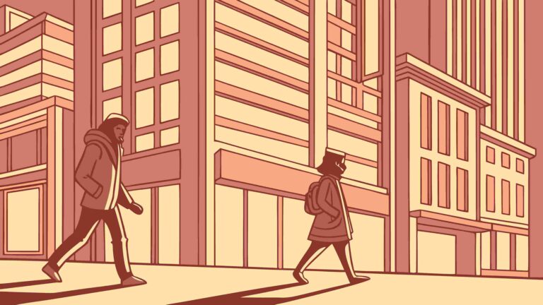 Person Strolling Past Traditional City Buildings, vector design Generative AI