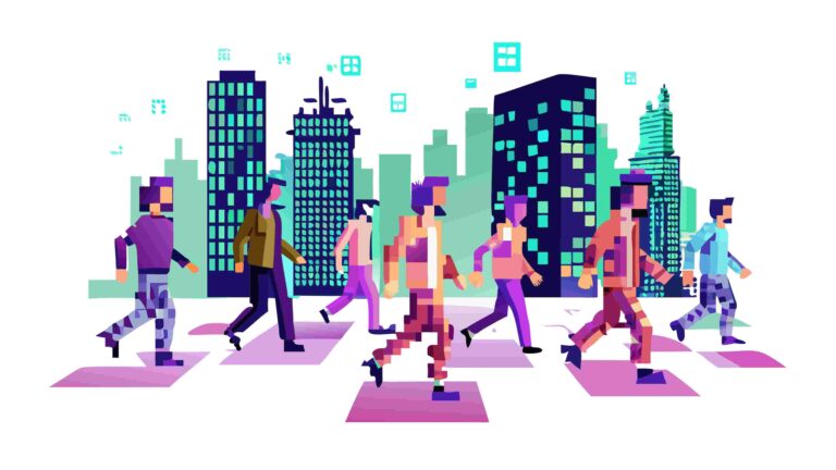 Diverse Group Walking in Modern Cityscape, vector design Generative AI