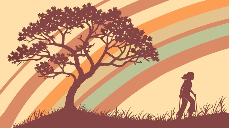 Solitary Figure Watching Sunset Over Tree Landscape, vector design Generative AI