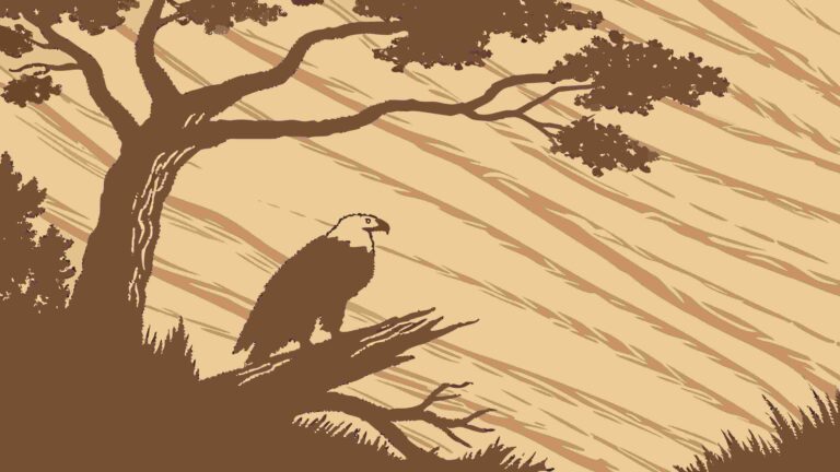Regal Eagle Perched on Branch in Stylized Landscape, vector design Generative AI