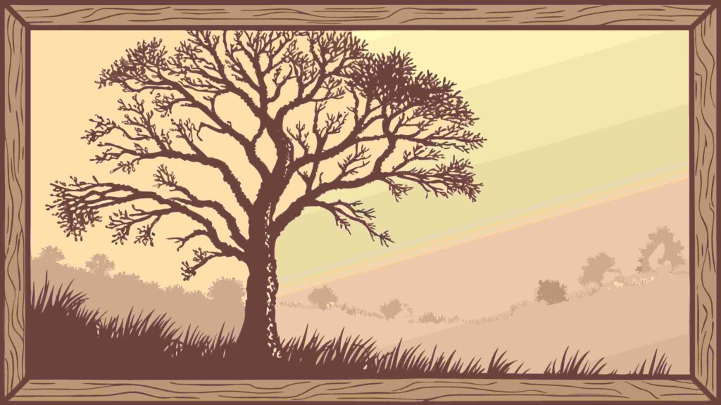 Solitary Tree in Tranquil Framed Landscape, vector design Generative AI