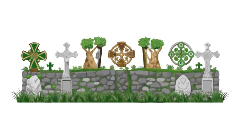 Ancient Celtic Crosses Border in a Mystical Graveyard Setting, vector design Generative AI