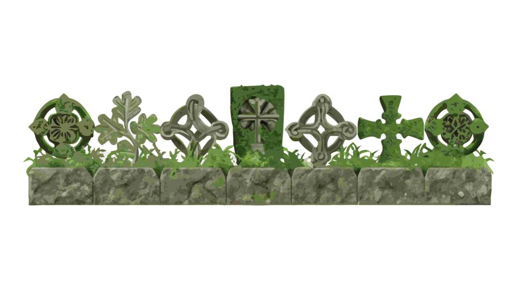 Spooky Graveyard Border with Mossy Headstones and Gothic Crosses, vector design Generative AI