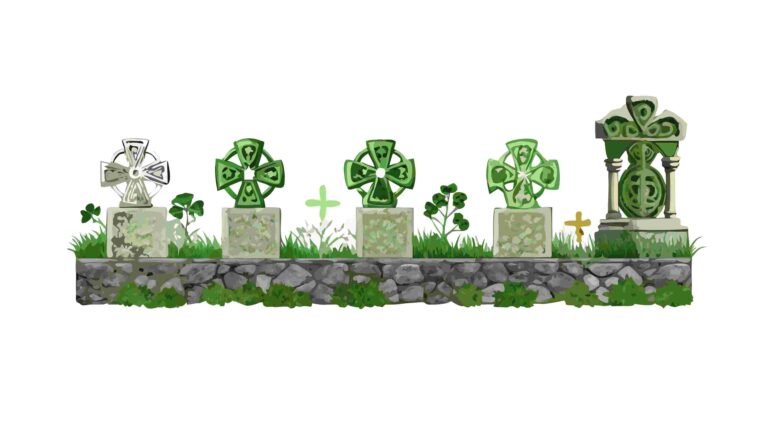 Verdant Graveyard Border with Stone Crosses and Green Foliage, vector design Generative AI