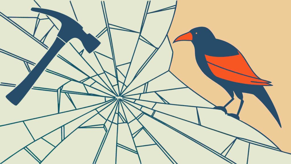 Cracked Glass with Hammer and Crow Symbolism, vector design Generative AI