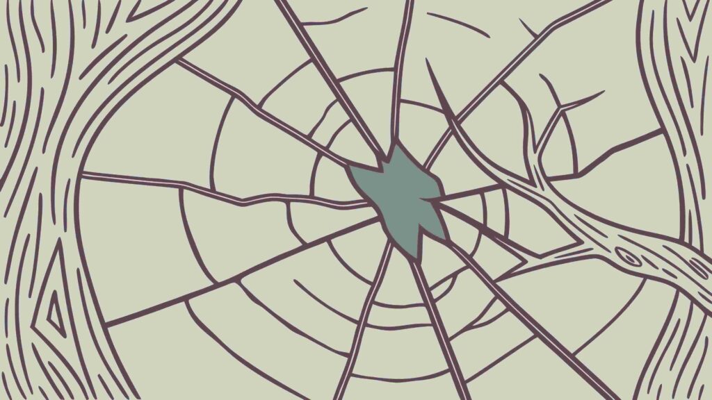 Tree Trunk with Radial Spiderweb and Cracked Bark, vector design Generative AI