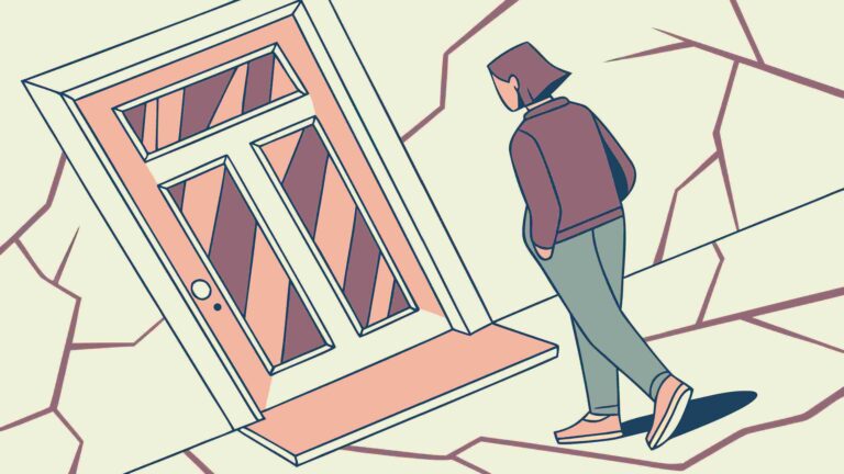 Skateboarder Entering Tilted Doorway with Cracked Ground, vector design Generative AI