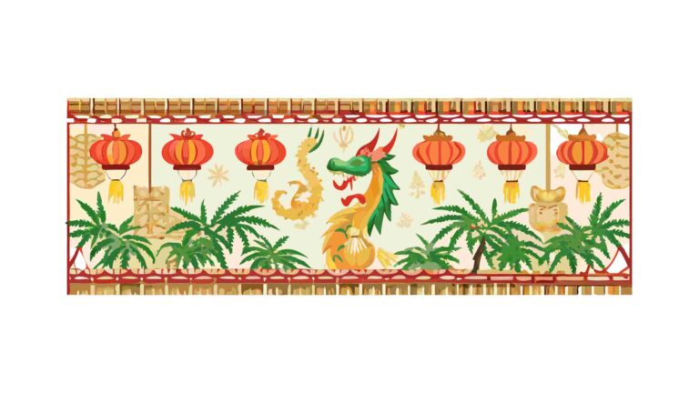 Traditional Chinese Dragon Border with Lanterns & Bamboo, vector design Generative AI