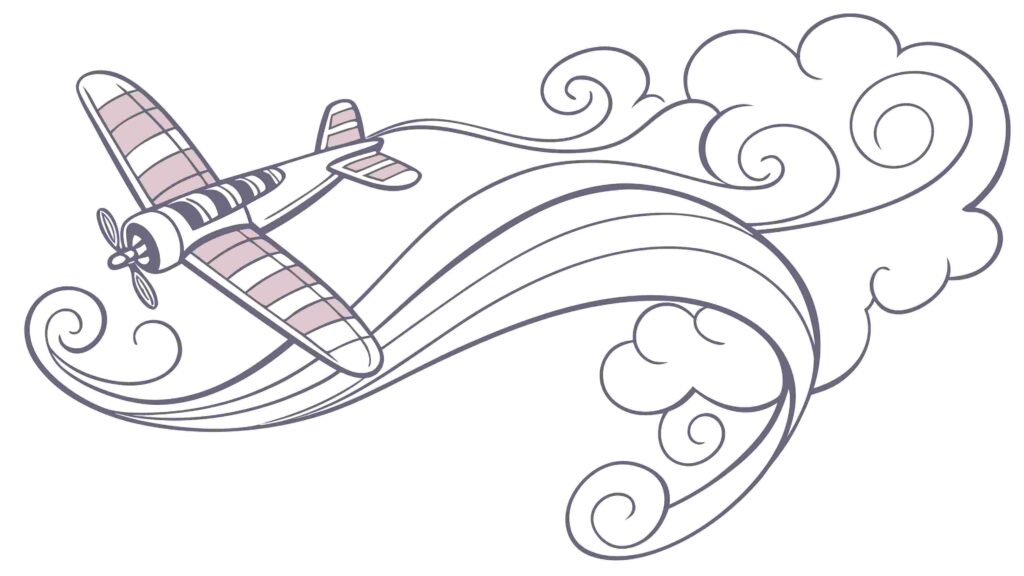 Vintage Biplane Flying Through Stylized Clouds and Swirls, vector design Generative AI