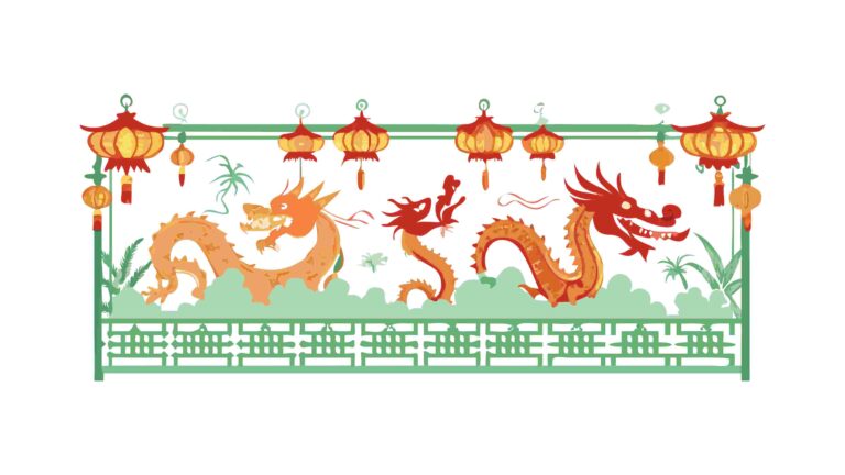 Elegant Oriental Dragon Border with Floral and Cloud Accents, vector design Generative AI
