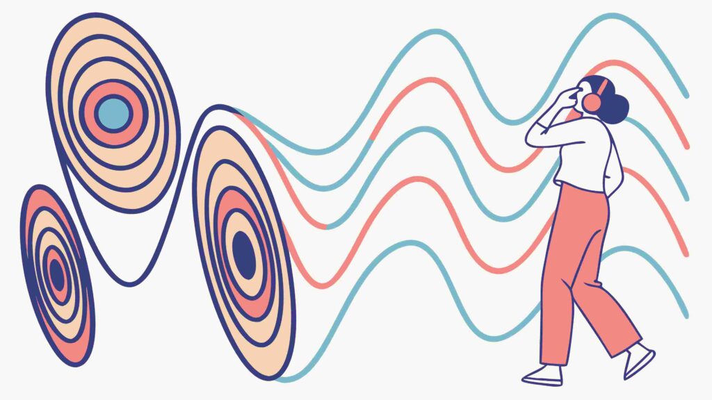 Person Interacting with Abstract Circular Sound Waves, vector design Generative AI