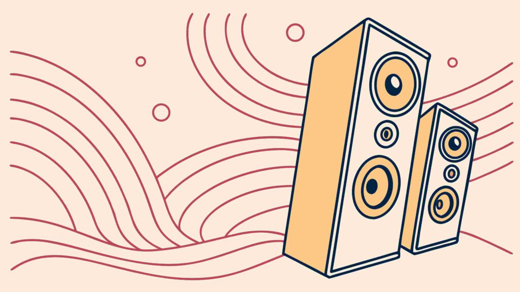 Retro Wooden Speakers with Music Notes and Waves, vector design Generative AI