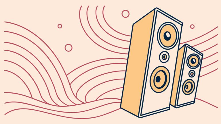 Retro Wooden Speakers with Music Notes and Waves, vector design Generative AI