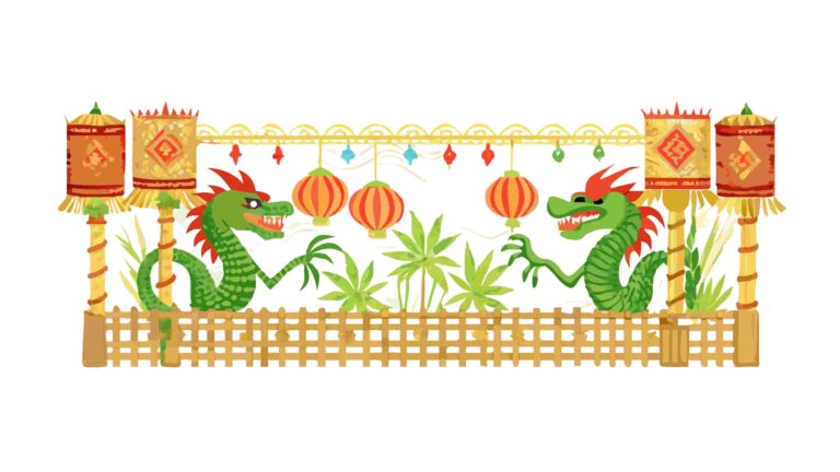 Playful Green Dragon Border with Festive Chinese Lanterns, vector design Generative AI