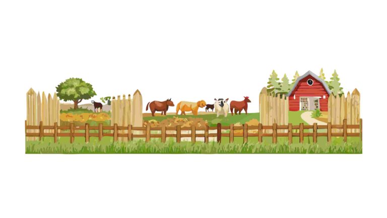 Idyllic Farm Life Landscape with Barn, Animals, and Greenery, vector design Generative AI