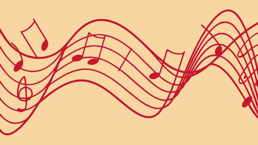 Flowing Red Music Notes on Stave with Dynamic Motion, vector design Generative AI
