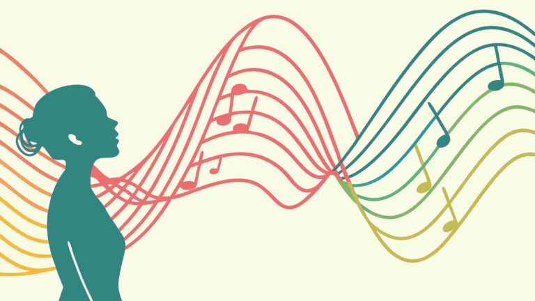 Stylized Female Silhouette with Flowing Music Notes, vector design Generative AI