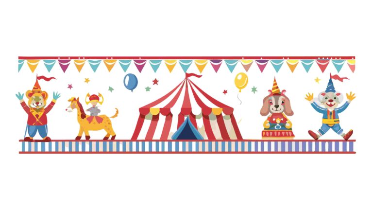 Joyful Circus Tent Border with Playful Clowns and Performers, vector design Generative AI
