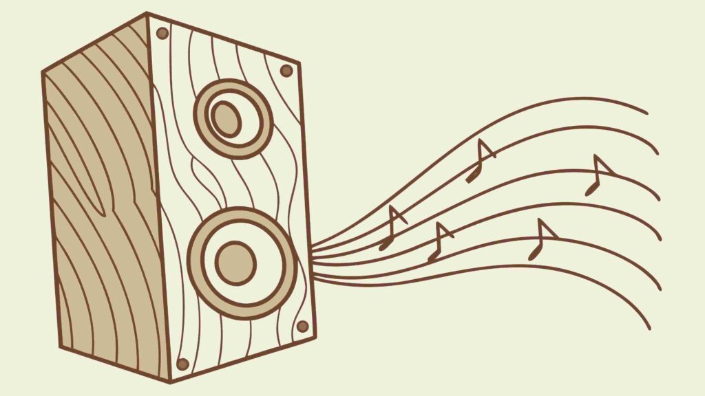 Retro Wooden Speaker Box with Flowing Music Notes, vector design Generative AI