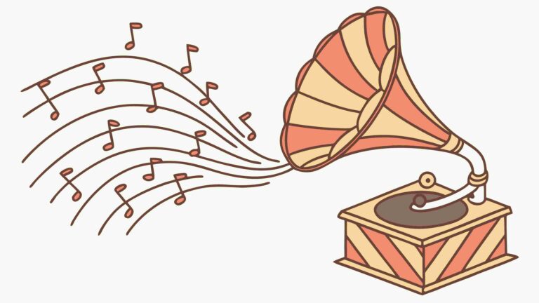 Vintage Gramophone Emitting Flowing Music Notes, vector design Generative AI