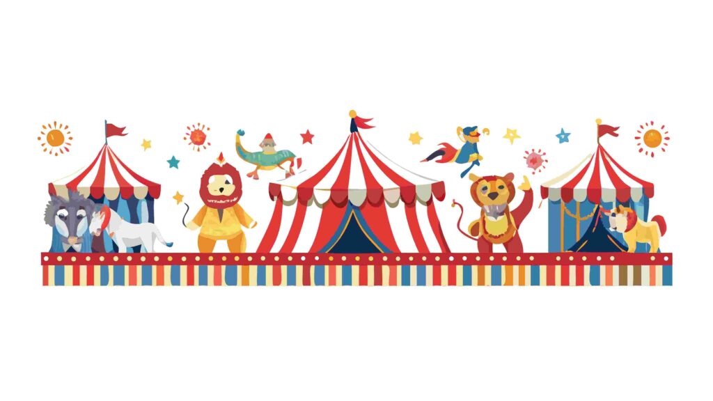 Delightful Circus Parade Border with Lions, Bears, and Clowns, vector design Generative AI