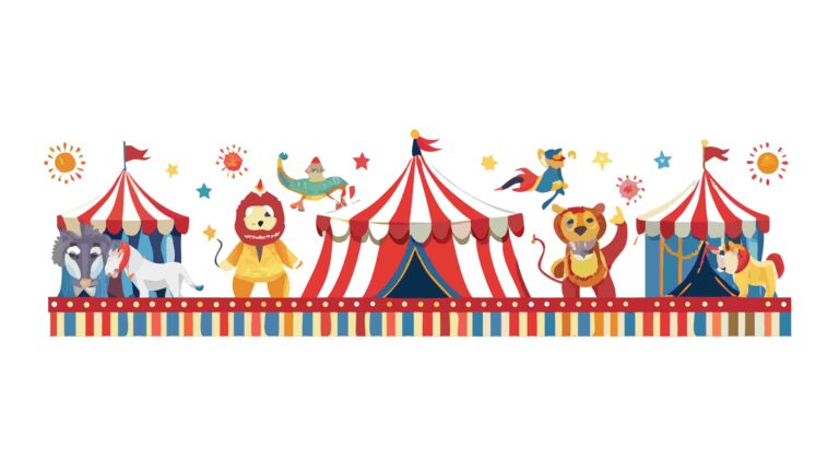 Delightful Circus Parade Border with Lions, Bears, and Clowns, vector design Generative AI