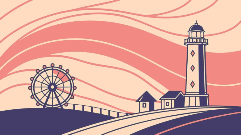 Coastal Landscape with Lighthouse and Ferris Wheel, vector design Generative AI