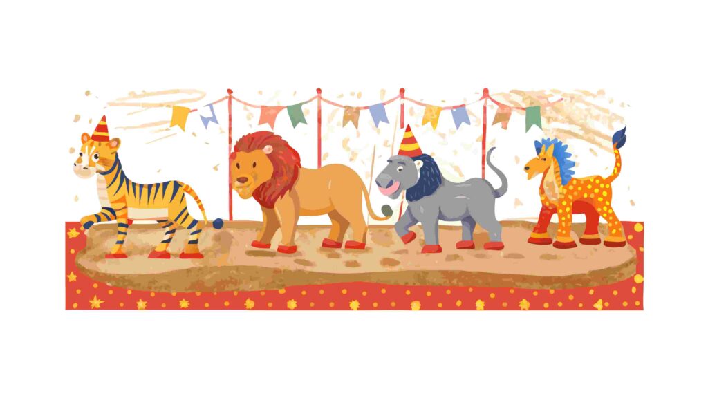 Whimsical Safari Circus Border with Friendly Animal Performers, vector design Generative AI