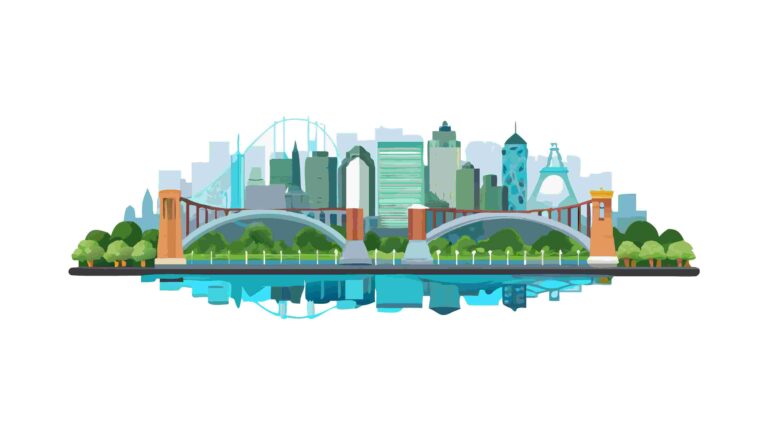 Modern Cityscape Skyline with Reflective Water and Greenery, vector design Generative AI