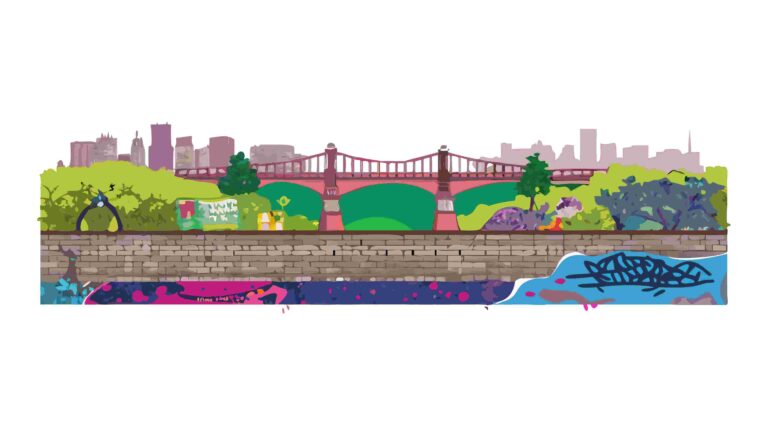 Vibrant Cityscape Border with Bridge and Lush Riverside Park, vector design Generative AI