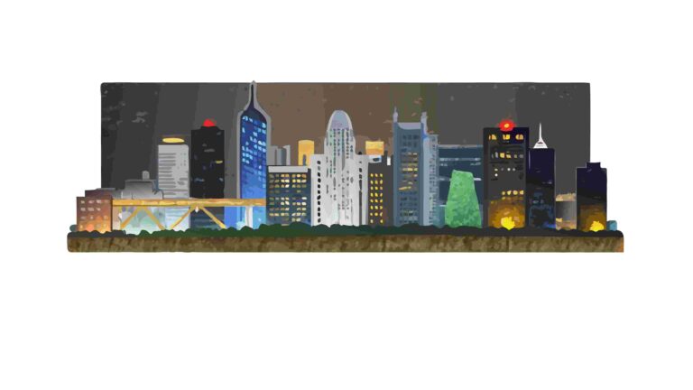 Warm Toned City Skyline Silhouette at Sunset or Dusk, vector design Generative AI