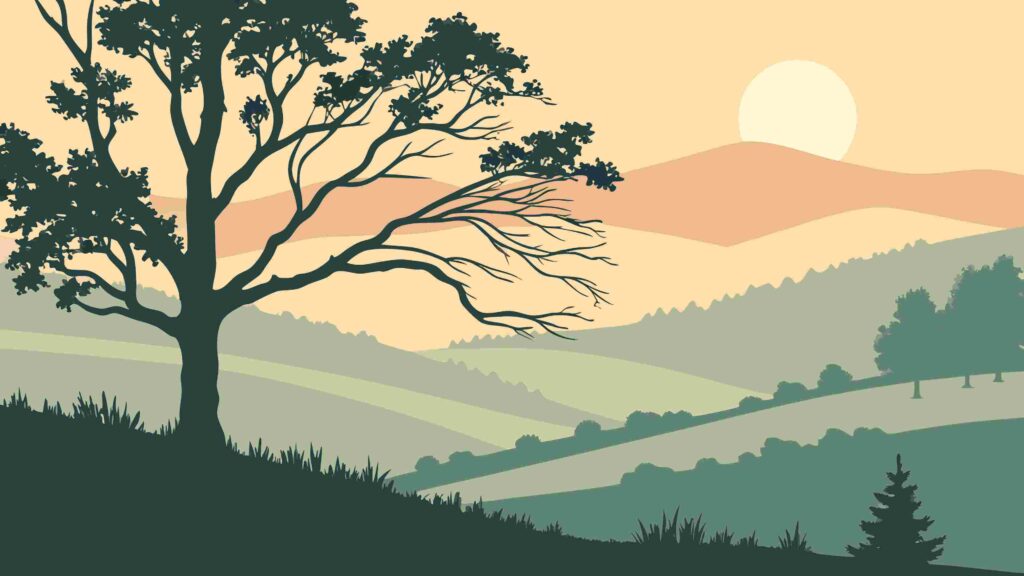 Serene Hillside Landscape with Lone Tree at Sunset Vector, vector design Generative AI