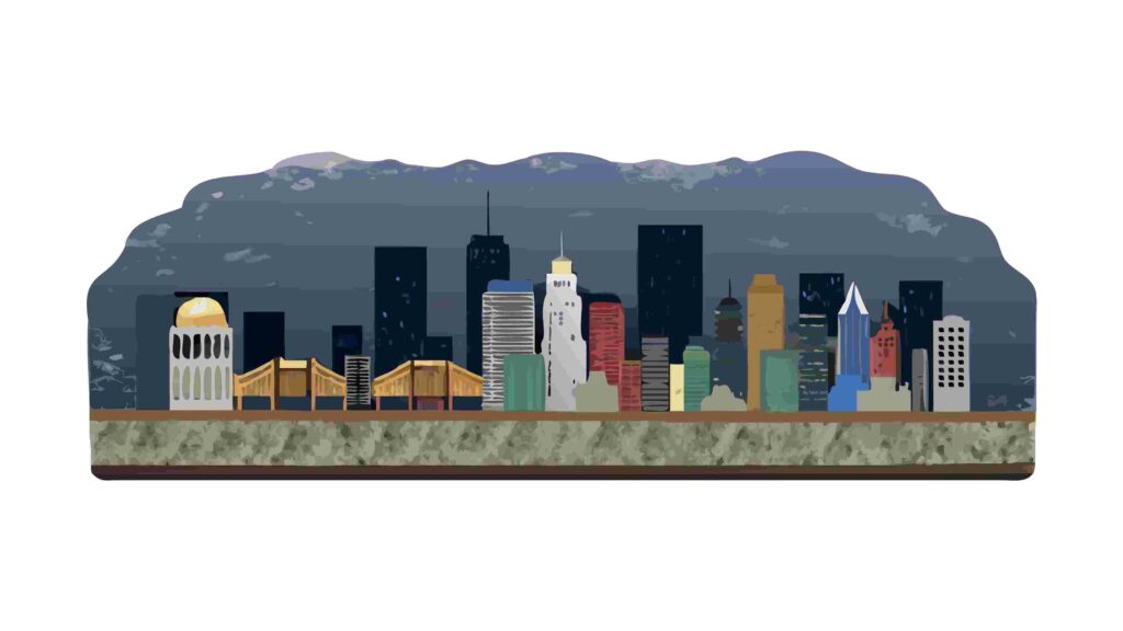 Blue Hour Cityscape Silhouette Border with Distant Lights, vector design Generative AI