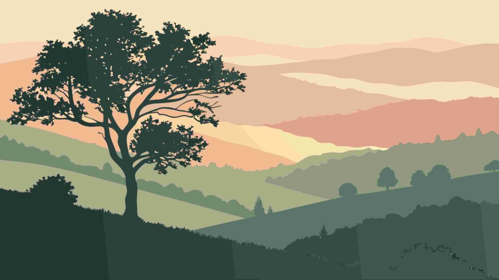 Rustic Landscape with Lone Tree and Hills at Dusk Vector, vector design Generative AI