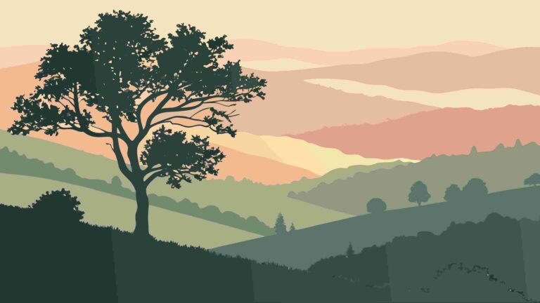Rustic Landscape with Lone Tree and Hills at Dusk Vector, vector design Generative AI