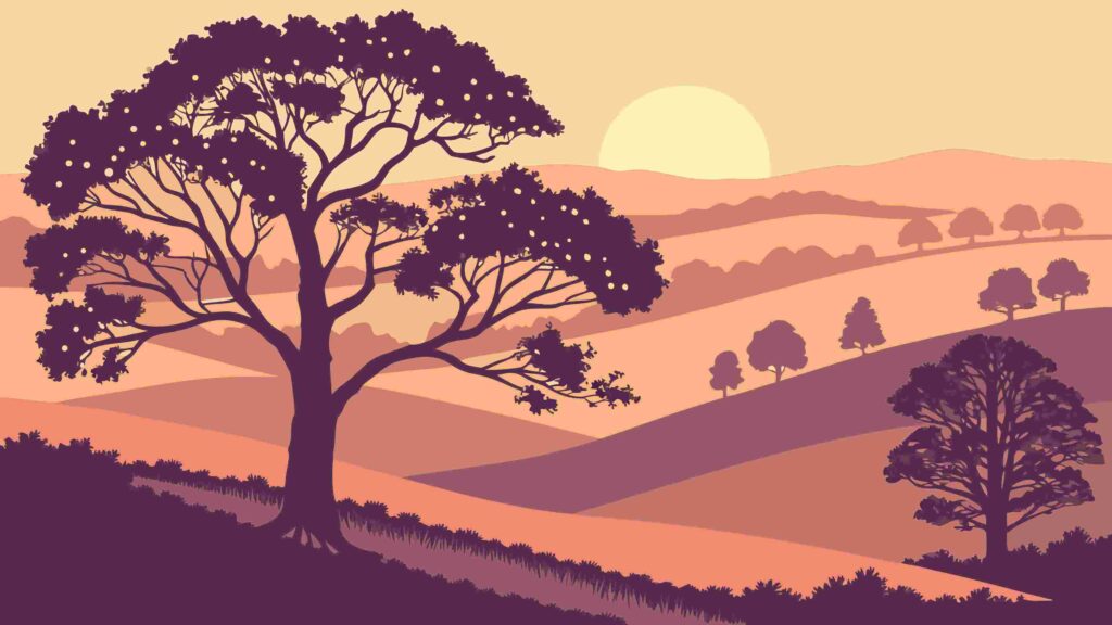Serene Hillside Landscape with Sunset Glow Vector, vector design Generative AI