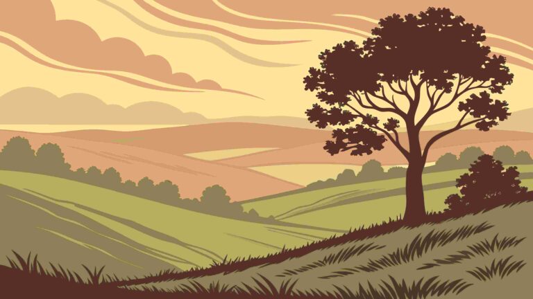 Picturesque Hillside Landscape with Tree at Sunset Vector, vector design Generative AI