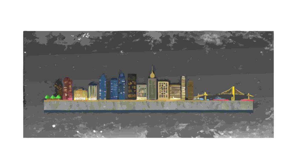 Grungy Cityscape Silhouette Border with Textured Sky, vector design Generative AI