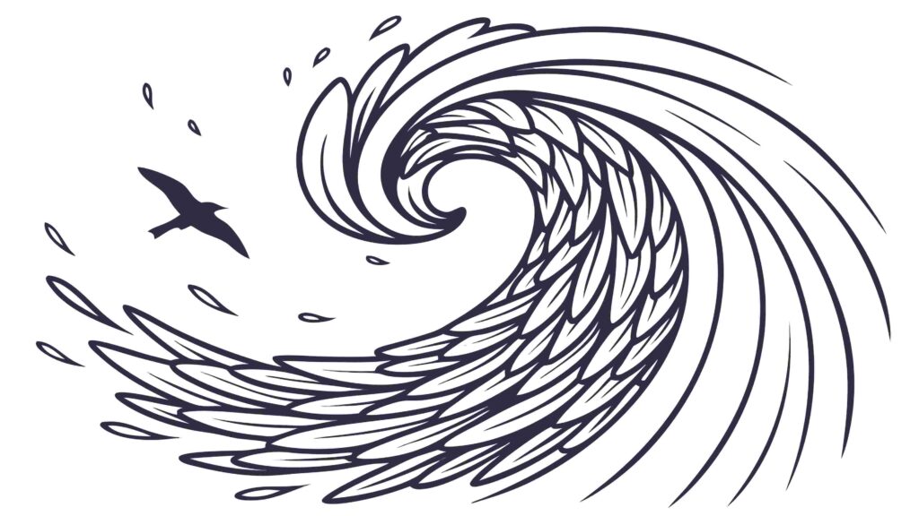 Abstract Ocean Wave with Bird Dynamic Line Art, vector design Generative AI