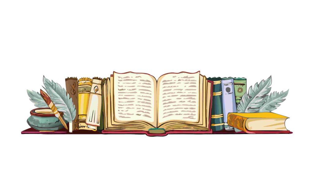 Open Book and Knowledge Border with Flying Leaves & Feathers, vector design Generative AI