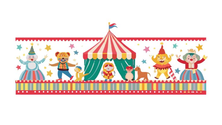 Playful Circus Characters Border with Festive Banners, vector design Generative AI