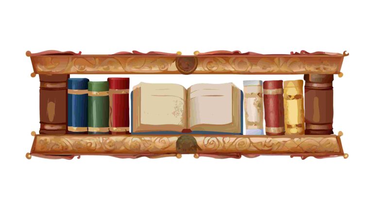 Rustic Wooden Bookshelf Border with Old Books and Scrolls, vector design Generative AI