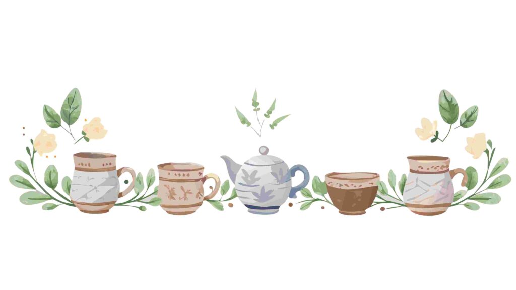 Cozy Tea Party Border with Floral Teacups and Greenery, vector design Generative AI