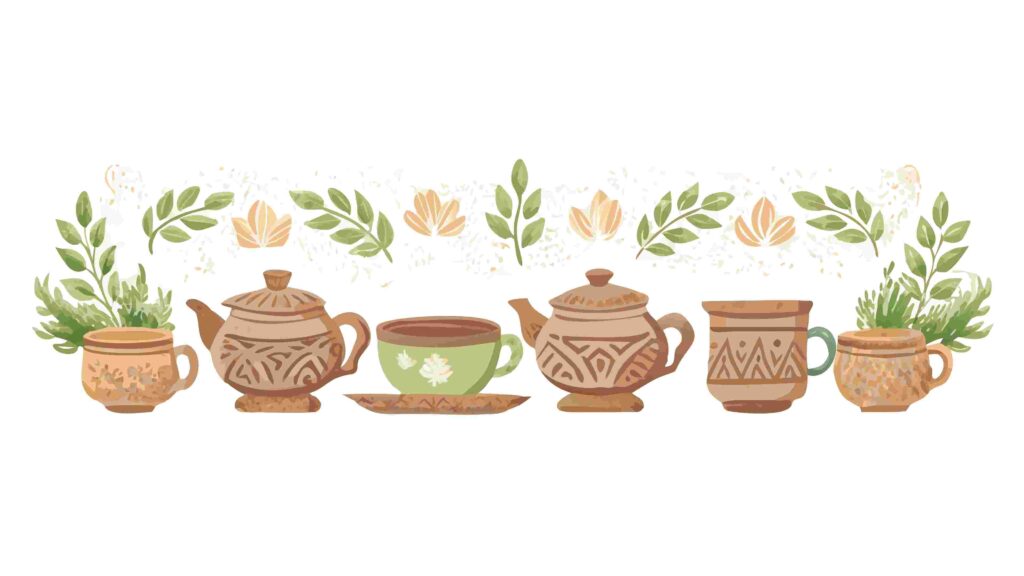 Elegant Teapot and Mug Collection with Lush Green Leaves, vector design Generative AI