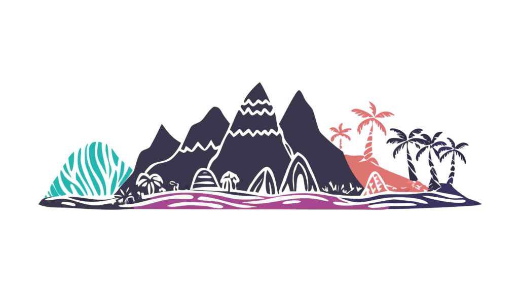 Vibrant Tropical Island with Mountains and Palms, vector design Generative AI