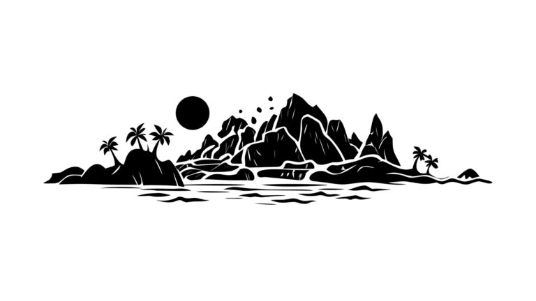 Serene Island Landscape at Sunrise with Palm Trees, vector design Generative AI