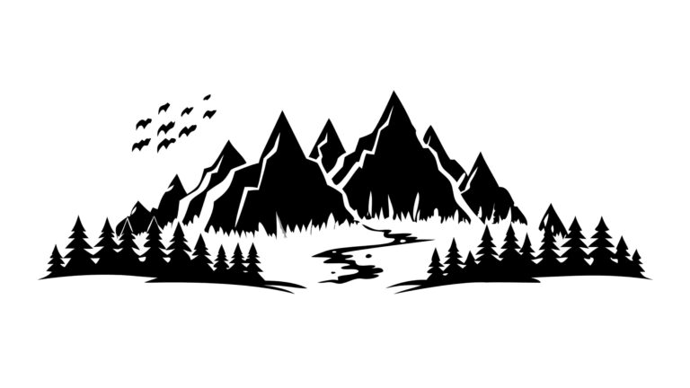 Serene Mountain Landscape with River and Forest, vector design Generative AI